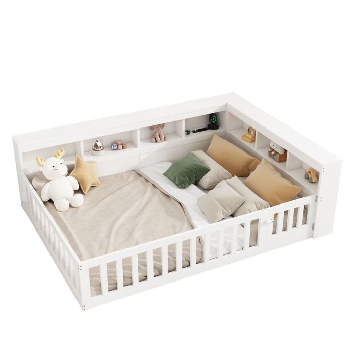 Lit Double Méridienne 140x200cm Canapé-lit avec Chevet Rangement Prise USB Aggloméré Blanc - Sans Matelas