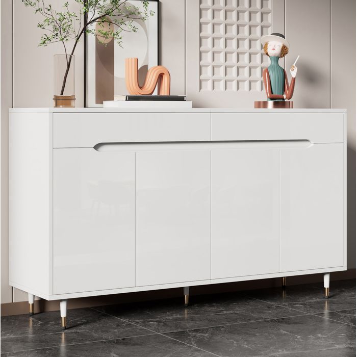 Meuble à chaussures 2 portes 2 tiroirs avec étagères réglables et fermeture silencieuse pour entrée blanc et or - UVRION