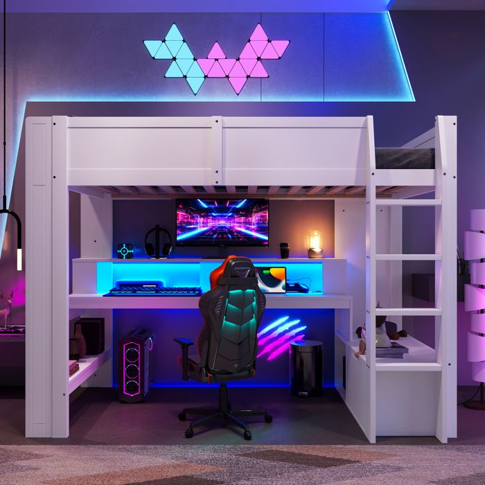 Lit mezzanine - KOMHTOM - Gaming - 90x200 cm - Bois massif - Bureau et tiroir Lit mezzanine - KOMHTOM - Gaming - 90x200 cm - Bois massif - Bureau et tiroir