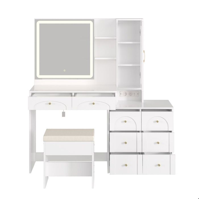 Coiffeuse LED avec prise intégrée 8 tiroirs tabouret inclus blanc 1315 x 40 x 140 cm