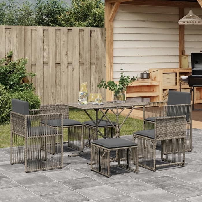 VIDAXL Ensemble Table avec chaises jardin et coussins - (7 pcs) - anti-uv - gris rotin 104x56x72 cm M9077