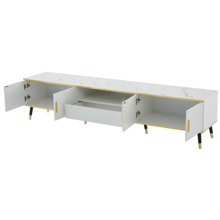 Meuble TV bas 200 cm blanc et doré – Plateau aspect marbre – 4 portes 1 tiroir