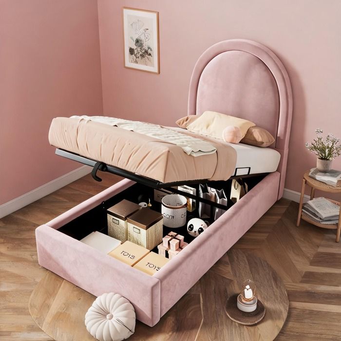Lit enfant en velours rose avec tête de lit demi-lune et coffre hydraulique 90x200 cm