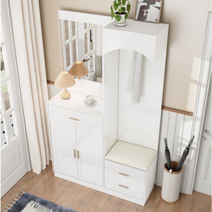Meuble dentrée avec miroir 2 portes 3 tiroirs et penderie dissimulée - ELVMI - Blanc 110×33×1855 cm