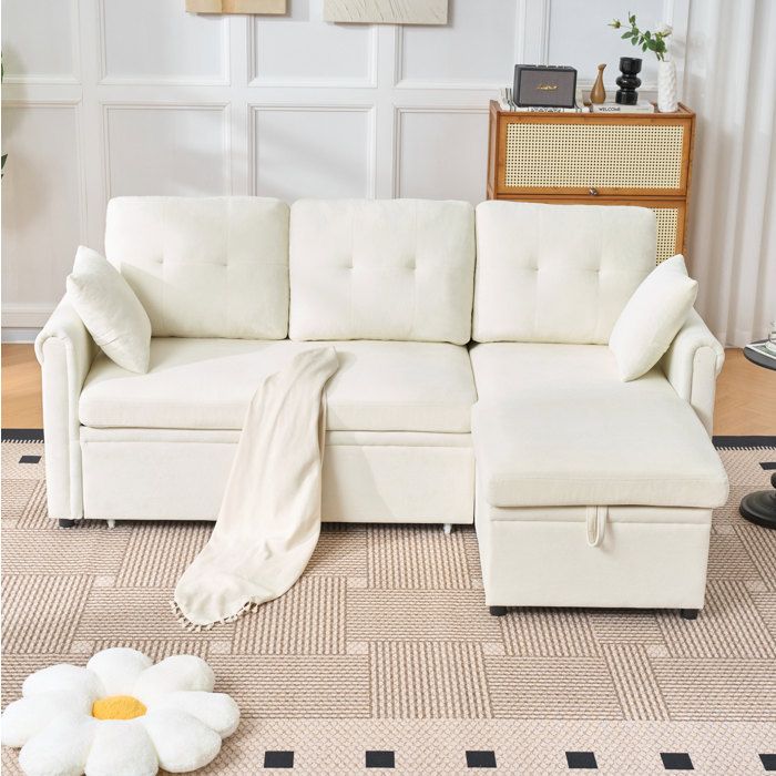 Canape dangle convertible 3 places en chenille beige avec meridienne reversible et coffre 206 x 130 x 85 cm
