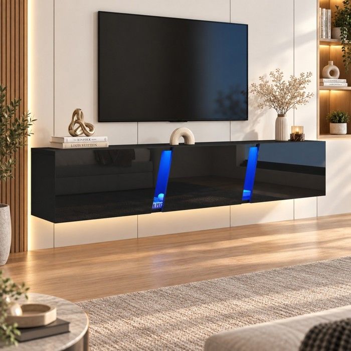 Meuble TV mural LEMLIT 180x35x30 cm noir brillant 3 portes abattantes LED