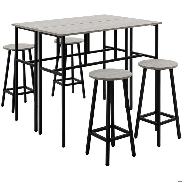 Ensemble bar 6 pièces - 2 tables hautes et 4 tabourets - style industriel gris et noir