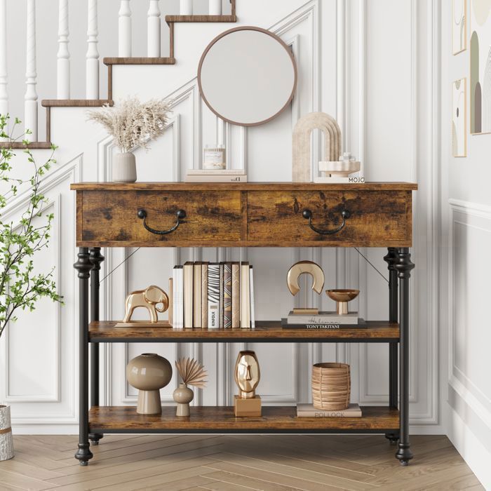 Console étroite avec 2 tiroirs et étagère – Table d’entrée salon ou couloir – Rangement pratique – 100 x 30 x 80 cm – Marron