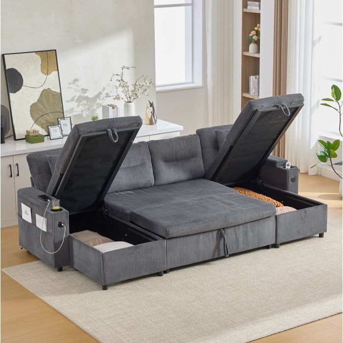 Canapé convertible 4 places avec rangement porte-gobelets et USB Type-C - MODENVIE - tissu côtelé gris carbone