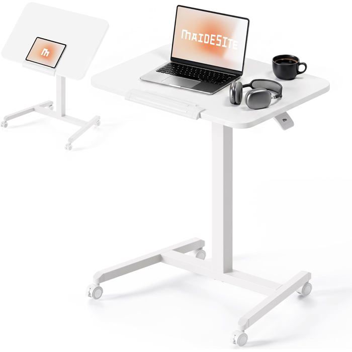 Table d’appoint mobile réglable en hauteur - - Plateau inclinable pliable - 4 roulettes dont 2 avec freins
