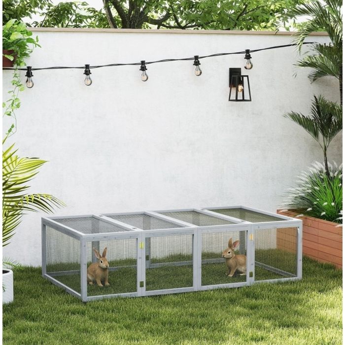 Enclos extérieur pour petits animaux AESVAR 181 x 100 x 48 cm en bois gris avec porte et 2 couvercles ouvrants