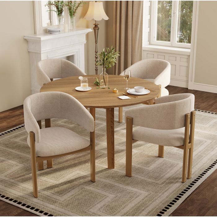 WUVRIE Lot de 4 chaises de salle à manger en métal aspect bois tissu lin beige avec accoudoirs