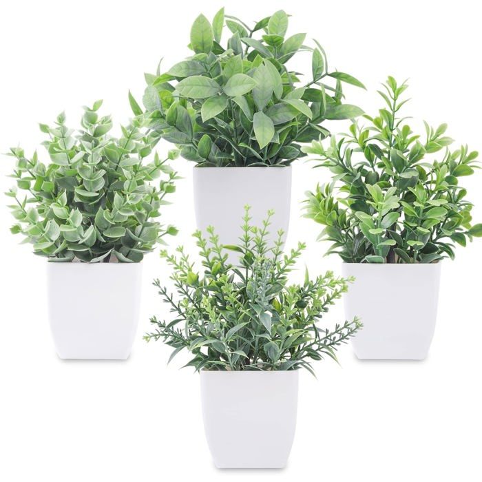 Plantes artificielles - GRANDSALEY - Lot de 4 mini-plantes - Hauteur 18 cm - Pots blancs 7 cm - Sans entretien