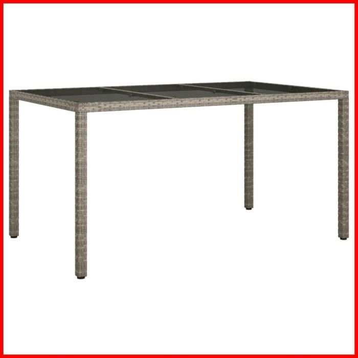 Table de jardin 150x90x75cm Verre trempé et résine tressée Gris -BK316708 (PLA)