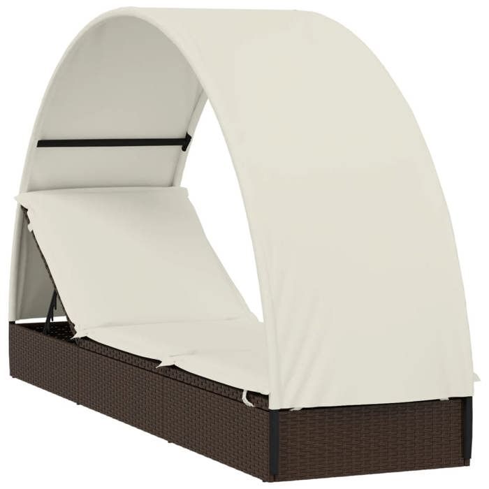 transat chaise longue bain de soleil lit de jardin terrasse meuble d exterieur avec toit rond marron 211x57x140cm resine