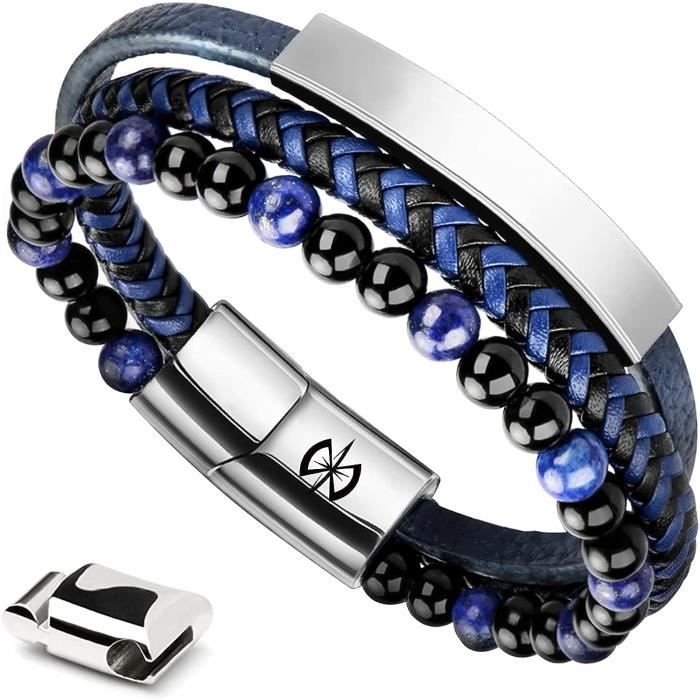 Bracelet Homme En Cuir Véritable Et Pierre Naturelle - Fermeture Magnétique, Design Tissé, Cadeau Idéal - 7