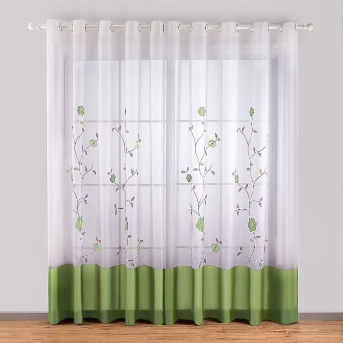 Lot De 2 Voilages Noël Verts - Motifs Sapins, Flocons - 140x240 Cm - Œillets Métal - 100% Polyester