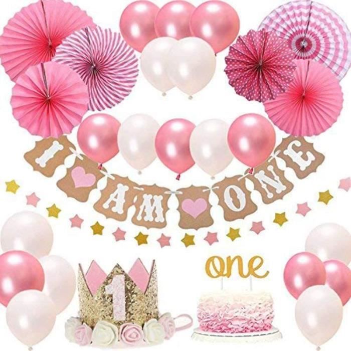 Decoration De Fete D Anniversaire Bebe 1 An Ballon Rose Ventilateur De Papier Et Guirlandes Fete Bebe Fille D Anniversaire D 1107 Cdiscount Maison