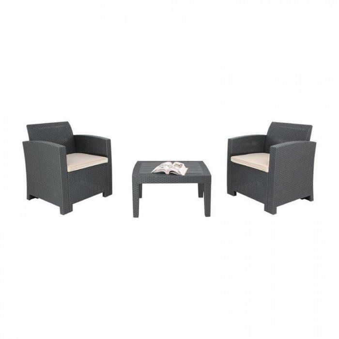 Petit salon complet 1 table + 2 fauteuils en rotin polypropylène gris foncé