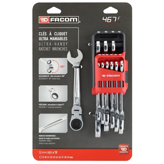 Jeu de 10 clés mixtes à cliquet articulées FACOM 467BF.JP10PB 8 à 19 mm - vue 2