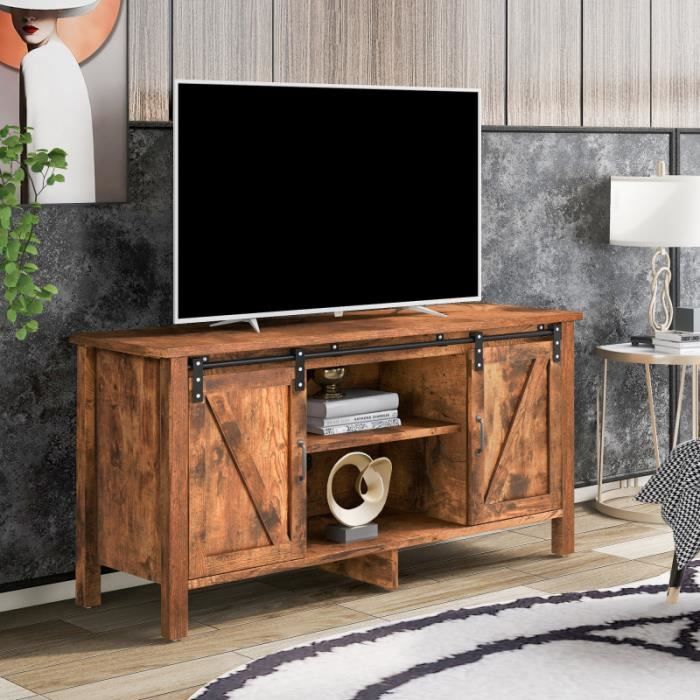 Meuble TV BTM Style Rustique - 150x40x78 Cm, 2 Portes Coulissantes, étagères Réglables - Support TV Jusqu'à 65" - 11