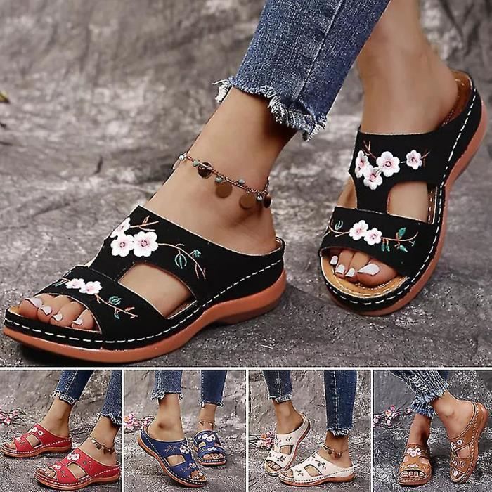 Sandales orthopediques en cuir brode vintage avec support de voute plantaire souple Le Brun 37 Cdiscount Chaussures