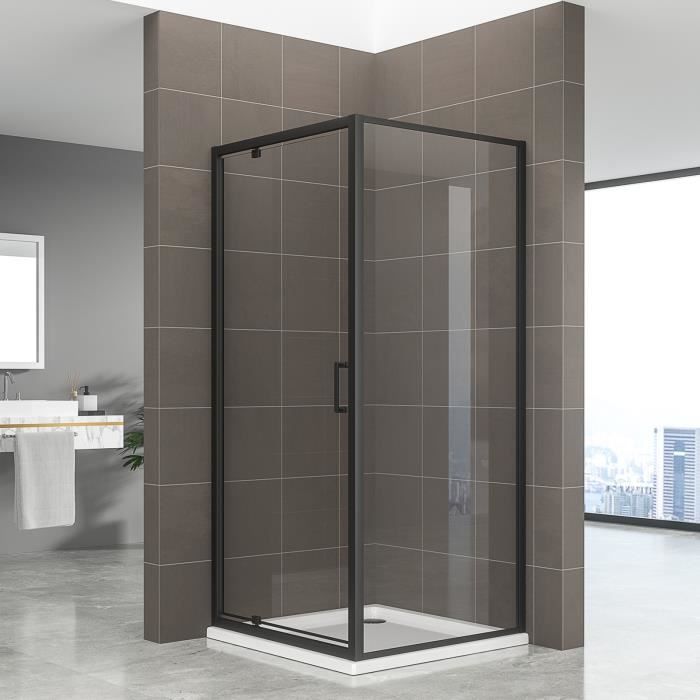 Cabine de douche d'angle IBEABLACK - Porte pivotante verre 6 mm transparent 90 x 90 cm + receveur inclus