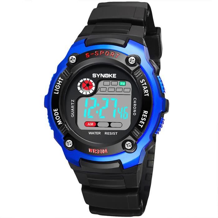Montre enfant garçon LED numérique réveil chronographe multifonction sangle en plastique des sports étanche étudiant bleu noir
