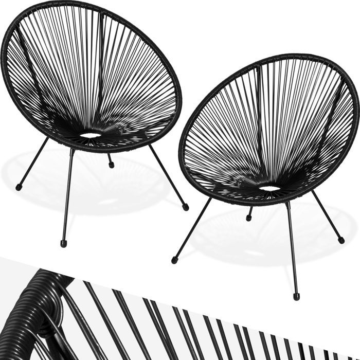 TECTAKE Lot de 2 chaises de jardin pliantes SANTANA avec Cordage élastique en polyéthylène Design rétro dans le style acapulco Noir