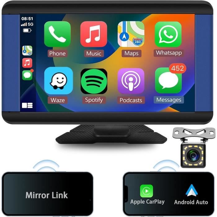 Écran Portable CarPlay & Android Auto 9 Pouces - Sans Fil, Tactile - Pour Voiture - Compatible Plupart Autoradios