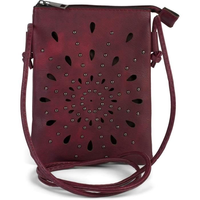 Mini Sac Bandoulière Femme Style Folklorique - Faux Cuir Avec Rivets - Sangle Réglable 130 Cm