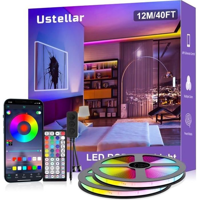 Ustellar Ruban LED 12M RGB Contrôlée par APP du Smartphone avec