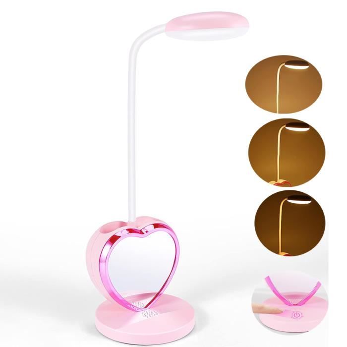Lampe de bureau une LED pour filles lampe de bureau une LED rechargeable avec port de charge USB et porte-stylos Dimmable Rose