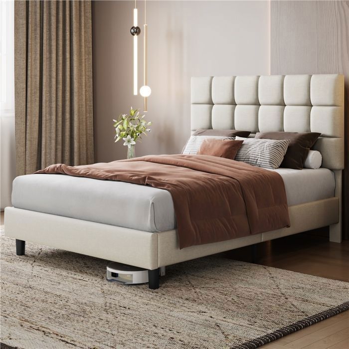 Cadre de Lit 140x200cm Capitonné Carré Tête de Lit Réglable avec Sommier à Lattes Pieds Bois Massif et Métal Beige YAHEETECH