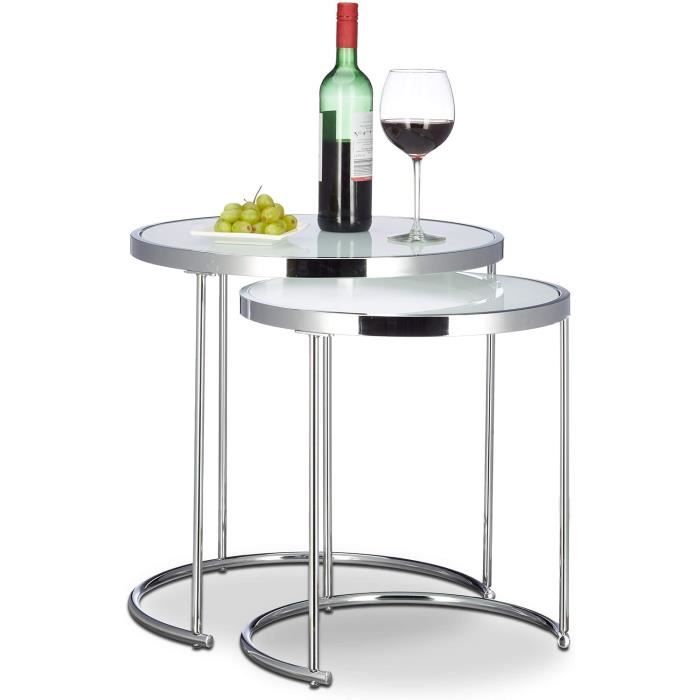 argenté , argenté d’appoint ronde console table basse plateau verre blanc cadre chrome lot de 2 design moderne, 51 x 50 x 50 cm