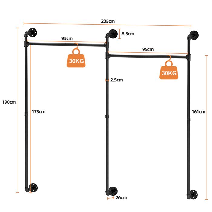 Porte-vêtements Mural Industriel Yawinhe En Métal - Penderie Ouverte, 2 Barres 92 Cm, Capacité 60 Kg, Noir Mat