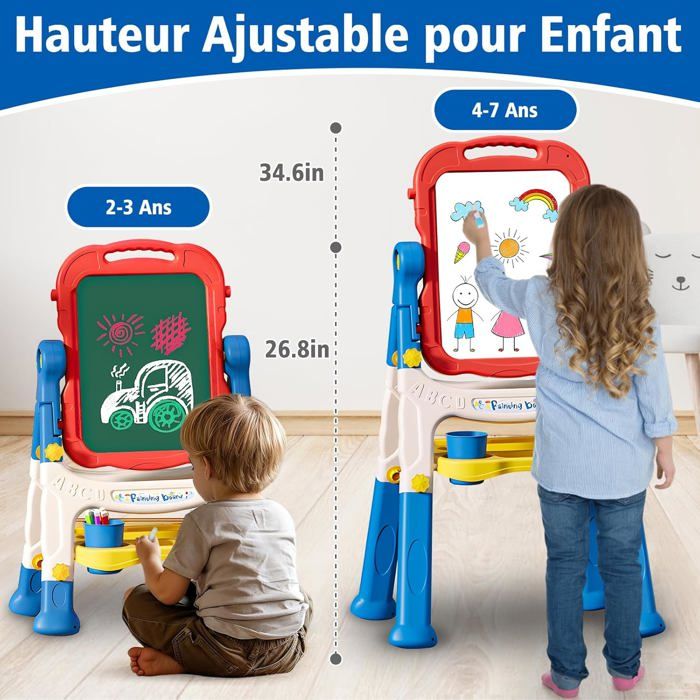 Chevalet 4 En 1 Pour Enfants - Tableau Blanc, Noir Et Magnétique Réglable En Hauteur Et Rotatif à 360° - Idéal Pour Les 2-8 Ans