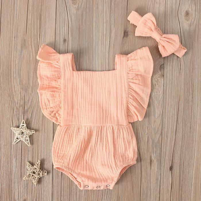 0 24 Mois Body Ete sans Manche Combinaison Courte Couleur Unie Barboteuse Manche Volant Dos Nu avec Serre tete pour Bebe Fille Mode Rose Cdiscount Pret a Porter