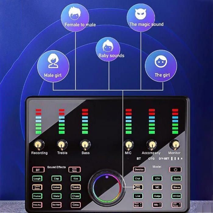 ALLWIN Carte Son En Direct Et Interface Audio Avec Effets De Mixage DJ Et Changeur De Voix, Mixeur Audio Stéréo Bluetooth F998, Pour Streaming YouTube En Direct, PC, Studio D'enregistrement Et Jeux