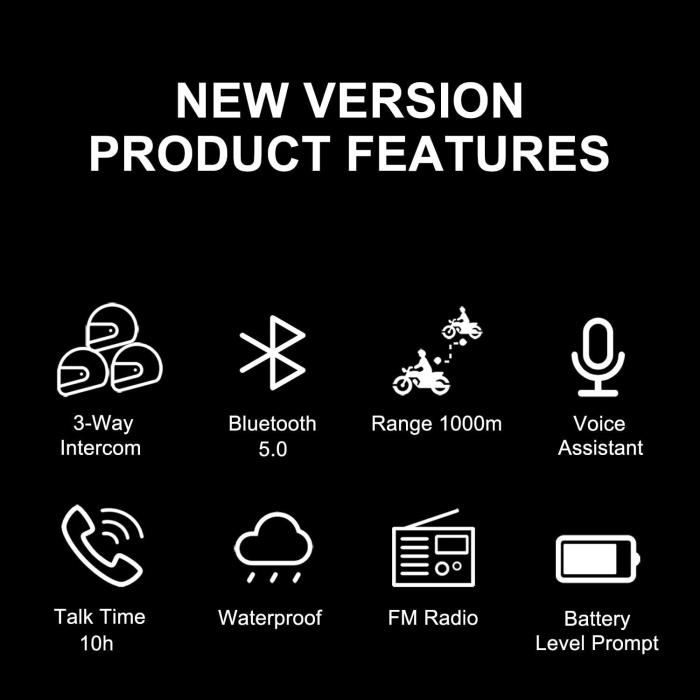 Intercom Moto BT-S3 Casque Moto Bluetooth Interphone Oreillette Radio FM  Etanche Moto Bluetooth Intercom Kit avec type C (1 Packs of Hard Headphone)