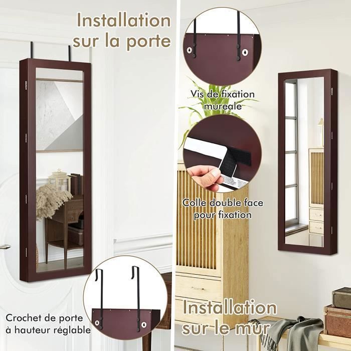 Rangement Bijoux Organisé LED COSTWAY - Armoire à Bijoux Murale Avec LED | 6 Étages + 2 Tiroirs | Miroir Pleine Longueur 111cm | Blanc Coffre Bijoux Sécurisé