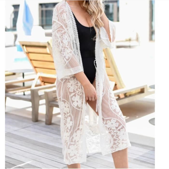 Robe de plage Cardigan en dentelle pour femme Coupe Kimono Imprim