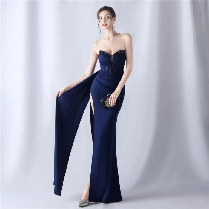 Robe DEERVEADO Robe de Soiree Longue en Satin Doux pour Femme Tenue Luxueuse avec Perles Forme Sirene Fente Laterale Bourgogne A Blanc Cdiscount Pret a Porter