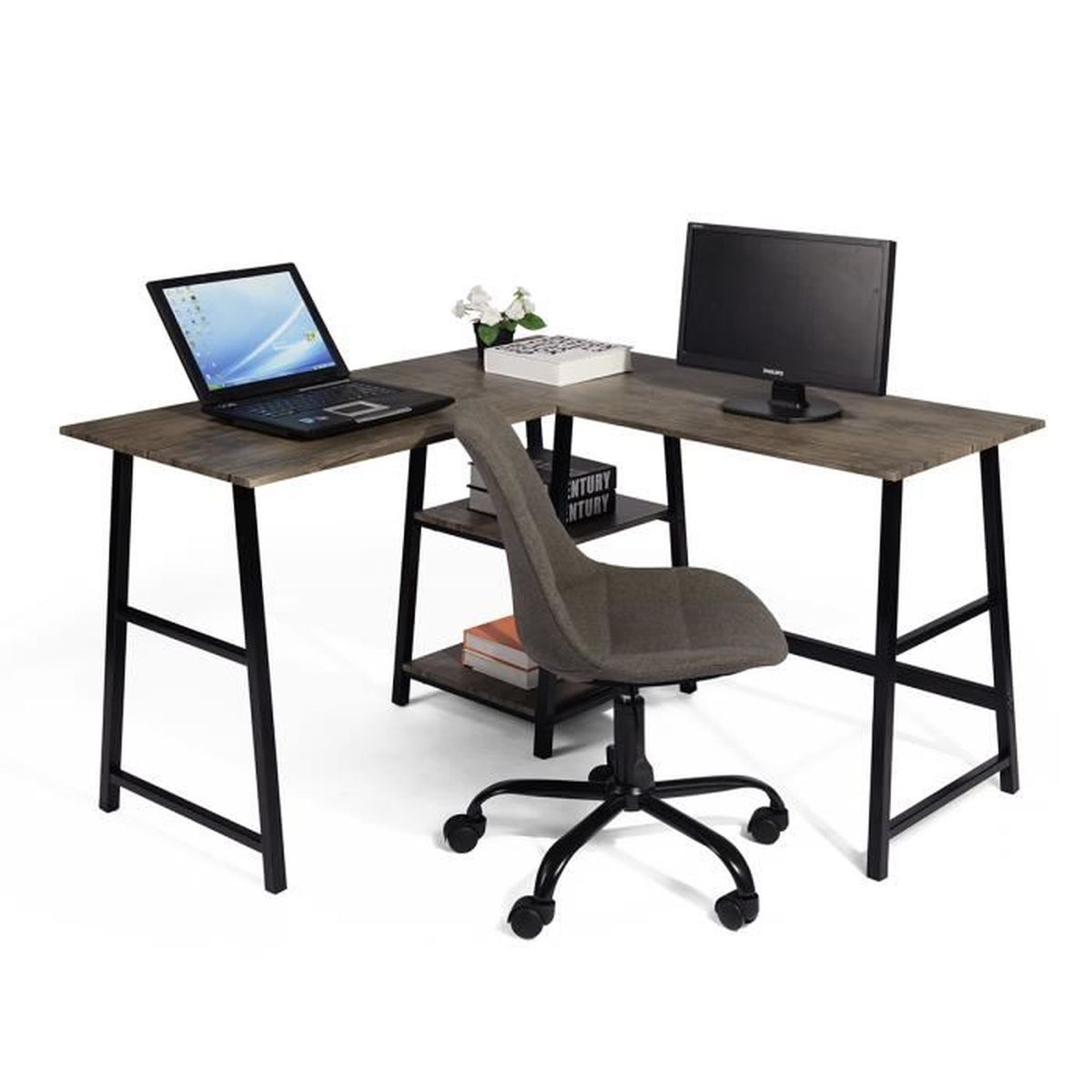 Bureau Informatique D Angle Gamer Decor Marron Et Pieds En Metal Noir L 120 70 X P 50 X H 75 Cm Achat Vente Secretaire Bureau Informatique D Angle