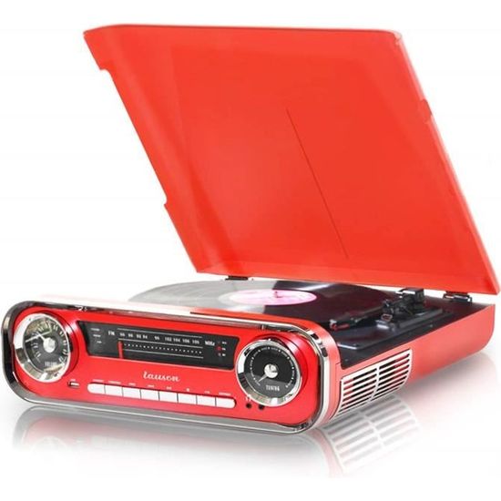 Lauson 01TT17 Platine Vinyle Vintage Design Muscle Car 2 Haut-Parleurs 3W Radio, Bluetooth, USB, AUX et Encoding 3 Vitesses (Rouge)