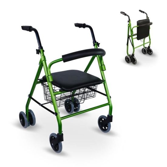 Clinicalfy Déambulateur 4 roues léger Prado Rollator pliable et réglable personnes âgées Rollator avec siège et panier Vert