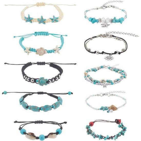 Morfetto Lot De 20 Bracelets De Cheville Femme – Réglables, Plage & Été, Motifs Tortue, Étoile, Cœur, Infini & Coquillage