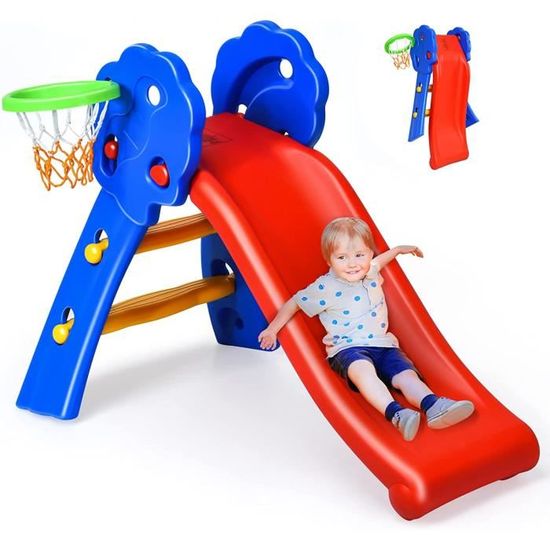 Toboggan pour enfants avec toboggan, balançoire et panier de basket, PEHD, blanc et marron