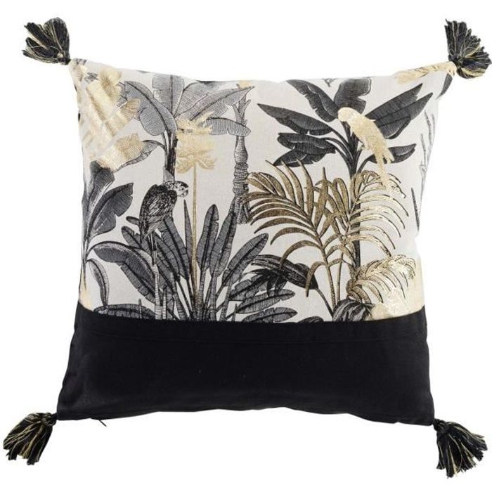 Coussin déhoussable - Palmiers et perroquets - beige, noir et or métallisé - Noir 40 x 40