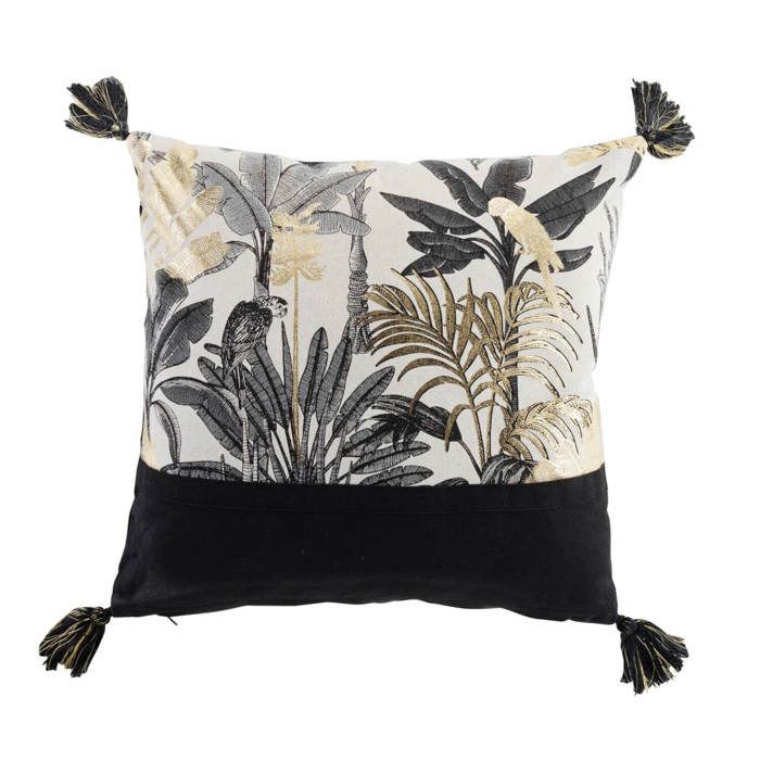 Coussin déhoussable - Palmiers et perroquets - beige, noir et or métallisé - Noir 40 x 40